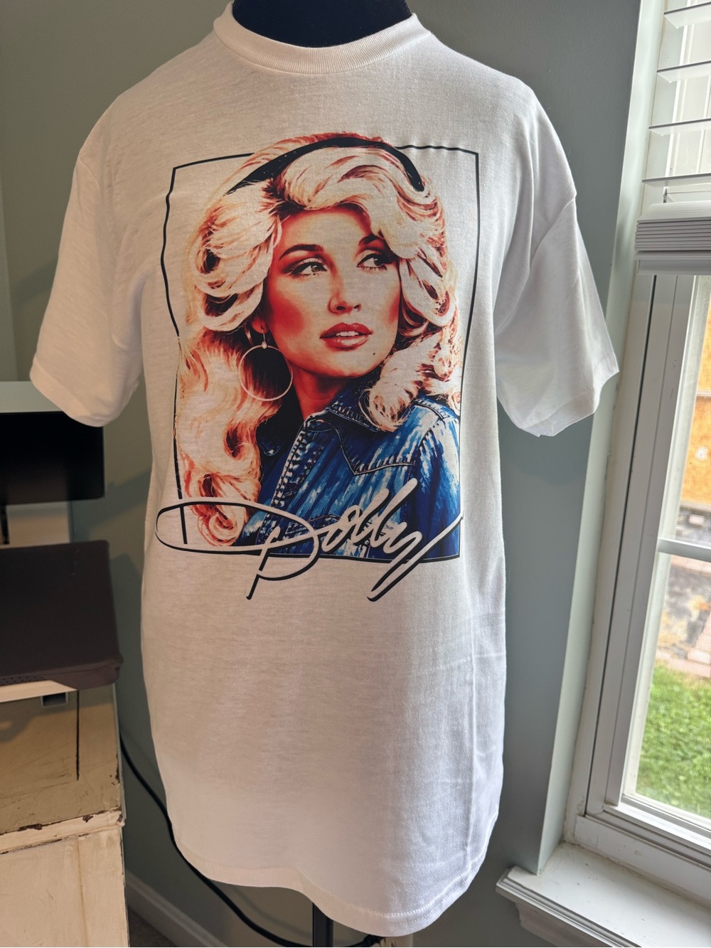 Women's Dolly Parton White Tee with Cream, Blue and Tan Portrait Graphic
